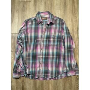 Mens Vintage 90s Size M Pink WoodBourne Road Plaid Grunge Style Flannel